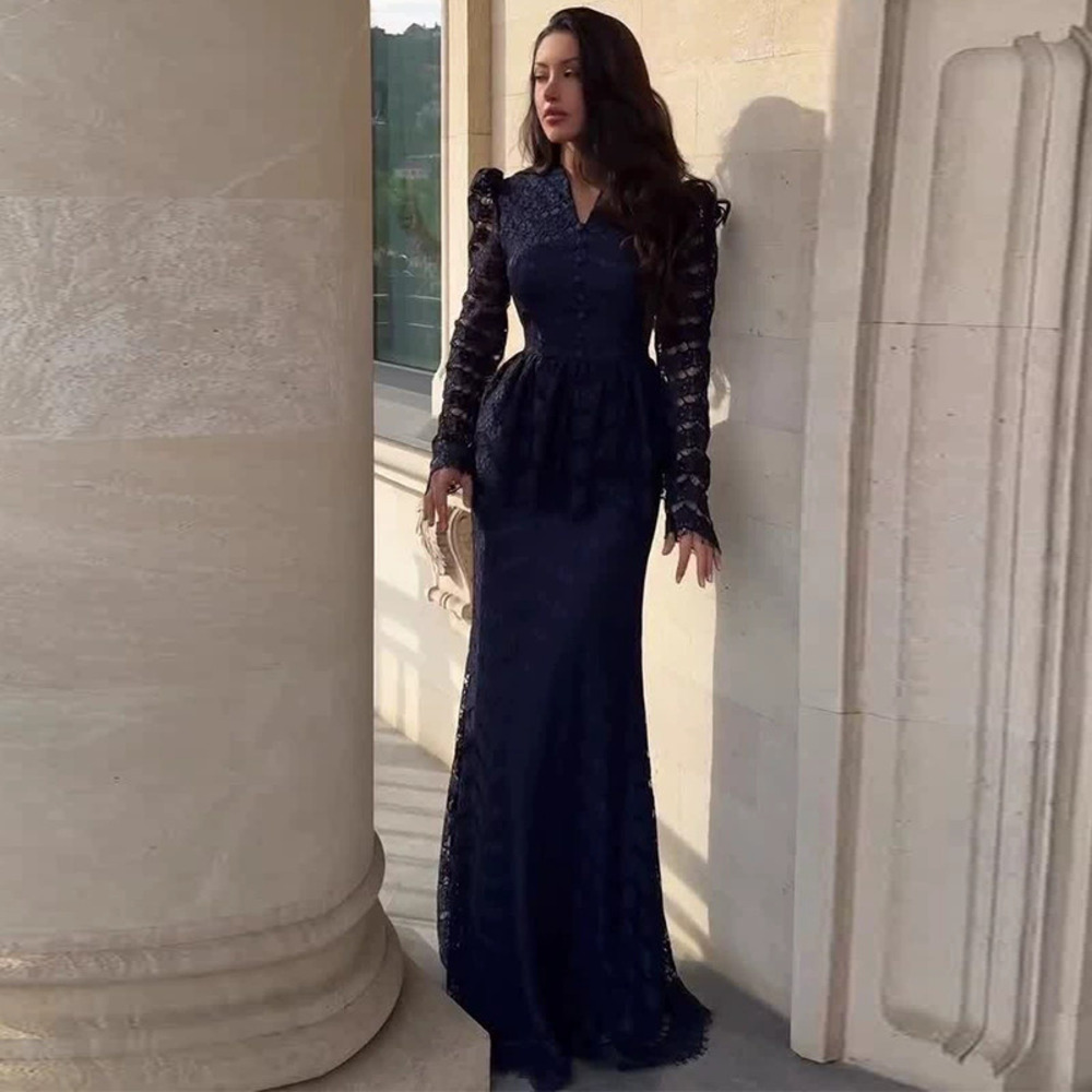 Forever 21 Navy Blue Lace Long-Sleeve Fitted Elegant Collar Set
